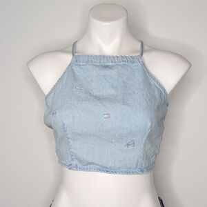 Tommy Hilfiger Jeans Blue Logo Embroidered Tie Back Cotton Crop Top S